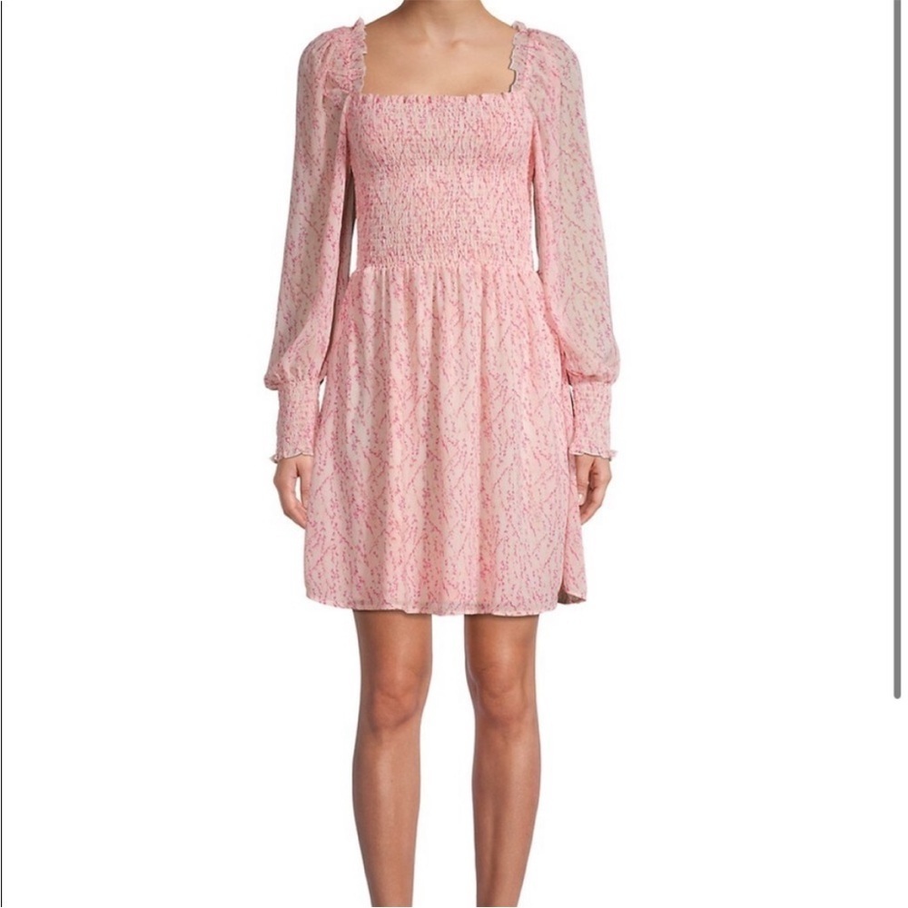 Allison New York Printed Smocked Mini Dress Long Sleeves Square Neck Pink Medium